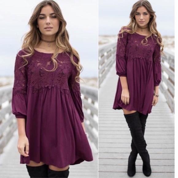 Private Label Dresses & Skirts - New Eggplant Plum Crochet Detail Flowy All Seasons Dress